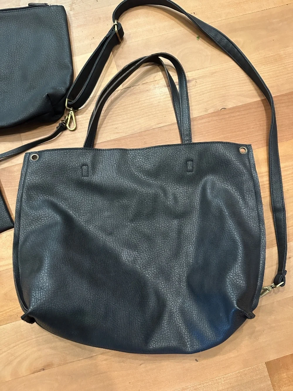 Free People Black Vegan Leather 3-Piece Tote Bag Set with Crossbody Strap, Match
